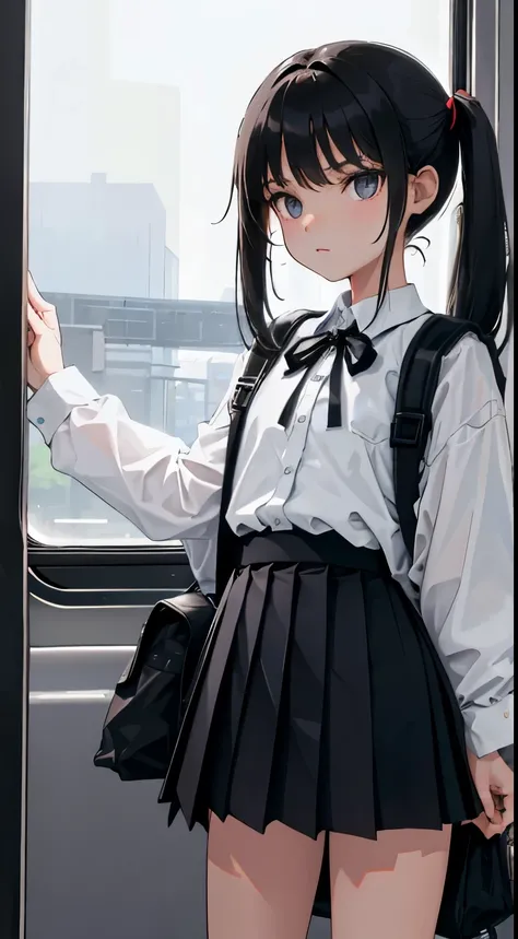 (child)，（​masterpiece，Highest Quality），Black Rucksack，black pleated miniskirt，shortsleeves，A dark-haired，long twintail，Summer Classroom，The wind is blowing，In the train car