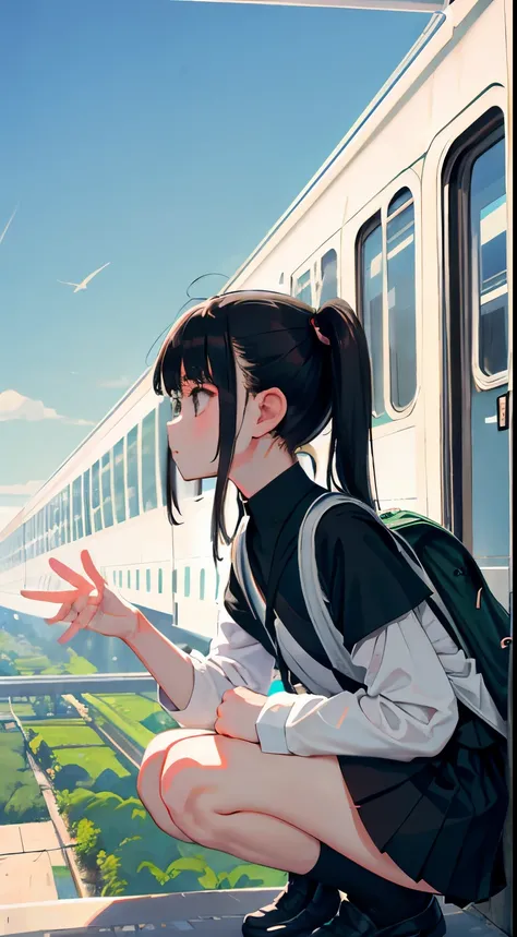 crouching down，(child)，（​masterpiece，Highest Quality），Black Rucksack，black pleated miniskirt，shortsleeves，A dark-haired，long twintail，Summer Classroom，The wind is blowing，In the train car