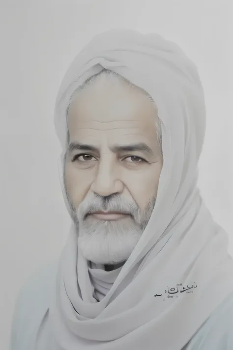 realistic color photo, dispersed gray solid lead background, realistic color photo, 60 year old arab man wearing white scarf, so...