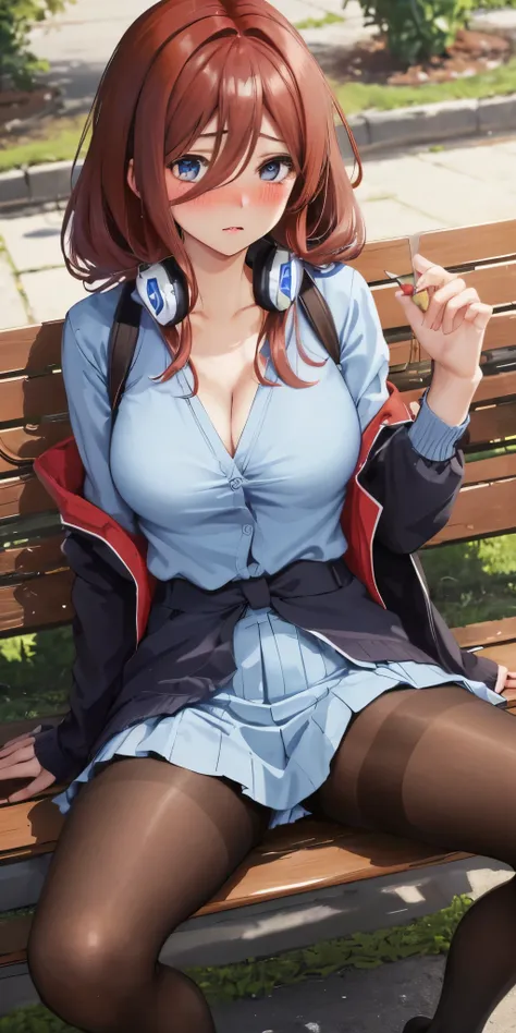 1girl in, 独奏, nakano miku,  brown long hair, hair between eyes, headphones , pantyhose, blue cardigan, cleavage of the breast, t...