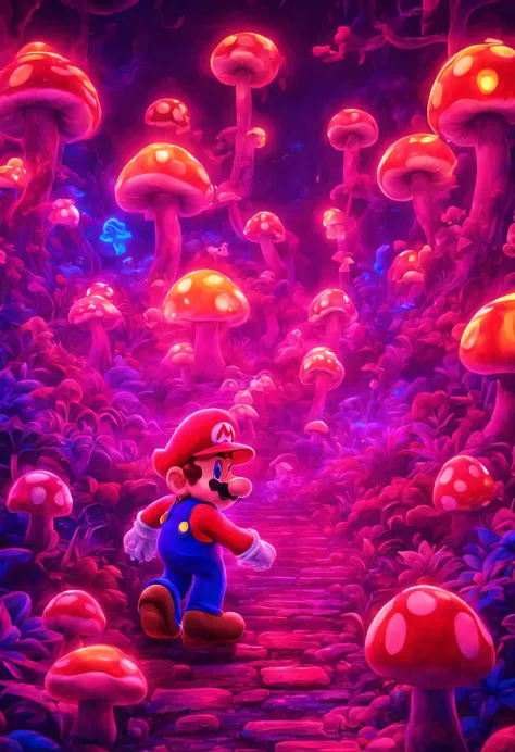 (neon,supermario,8k,great quality,superb image without distortion,masterpiece:1.2,psychedelic colors,fantasy world,highly detailed,walking mushrooms)