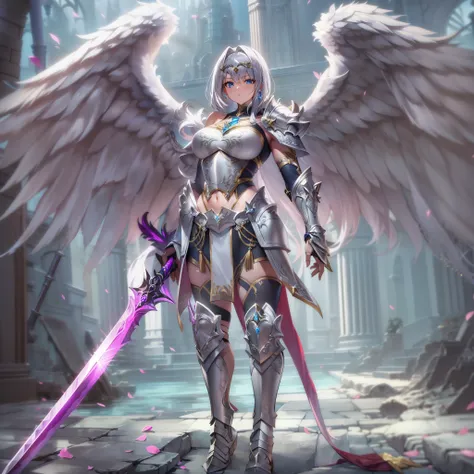 (masterpiece), (best quality), (ultra-detailed), female angelic warrior, silver armor, armored, full body, beautiful, fierce, ho...