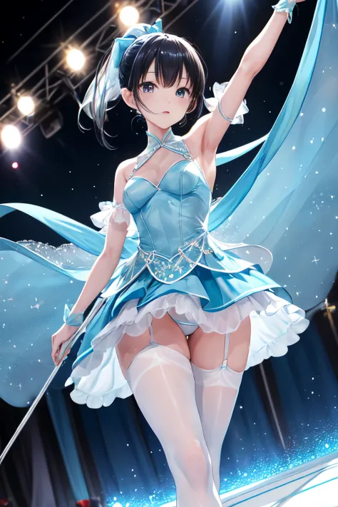 top-quality、hight resolution,  (Figure skating light blue dress costume woman)、Slender Line、Looks like a model, Skating Ring、Photo 1 seen from below:1、white  panties、Black hair ponytail、