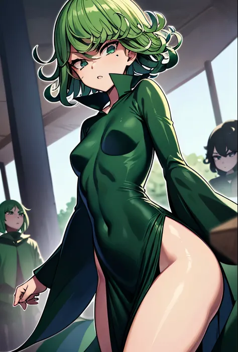 (beste-Qualit, 8K, 12), 1 girl, tatsumaki, Short Hair Hair, green hair, little chest, child, the perfect body, ultra detail face, detailed lips, Slender Eyes, gown, stands, enticing, Excited, convex areolas, steam, From Bottom