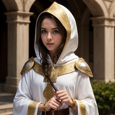 3x4 image young role-playing style woman brown hair light skin upturned nose wearing white tunic with gold details priestess style cleric with detailed hood and innocent expression small silver armor on wrists leather utility belt profile image chest and f...