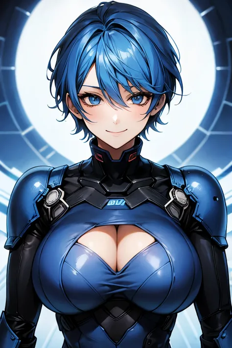 Machine, bodysuit, short hair, blue hair, shy smile, big breasts, cleavage, sexy,