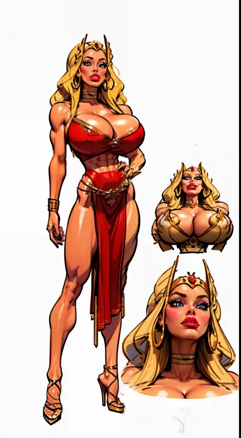 ((she-ra aesthetic)), ((full body view:1.4)), ((masterpiece)),(((best quality))), ((mature face)), defined cheekbones, high cheekbones, illustration, ((muscular:1.3)), ((gold:1.4)), sexy bimbo, (gigantic breasts:1.7) , blonde hair, ((detailed face:1.4)) be...