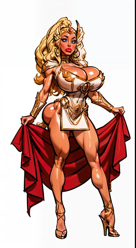 ((she-ra aesthetic)), ((full body view:1.4)), ((masterpiece)),(((best quality))), ((mature face)), defined cheekbones, high cheekbones, illustration, ((muscular:1.3)), ((gold:1.4)), sexy bimbo, (gigantic breasts:1.7) , blonde hair, ((detailed face:1.4)) be...