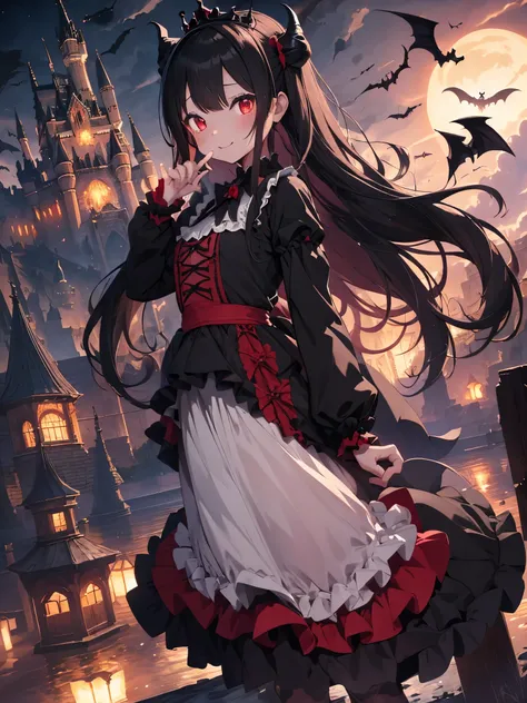 1girl in,Fantasy Demon King Black Tiara Black and Red Long Layered Ruffled Dress Long Sleeves,kawaii,:3,Dracula&#39;castle in background、nighttime scene、Flying bats、Inappropriate smile、Finger prick、Mummy Man、Throwing Kisses