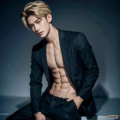 Black Blazer, Abs, No Shirt, Baggy Formal Pants, Male, Blonde Hair, Medium Length, Perfect Facial Symmetry, Perfect Nose, Handsome Nice Smile, Almond Eyes and Korean. One Male, Alone, Single Person, Handsome Smirk. Wolfcut. Single Male, One Person. SINGLE ...