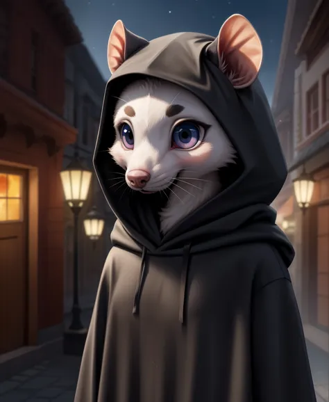 uhd 8k, hdr+, cute female [rat], intricately detailed, hood