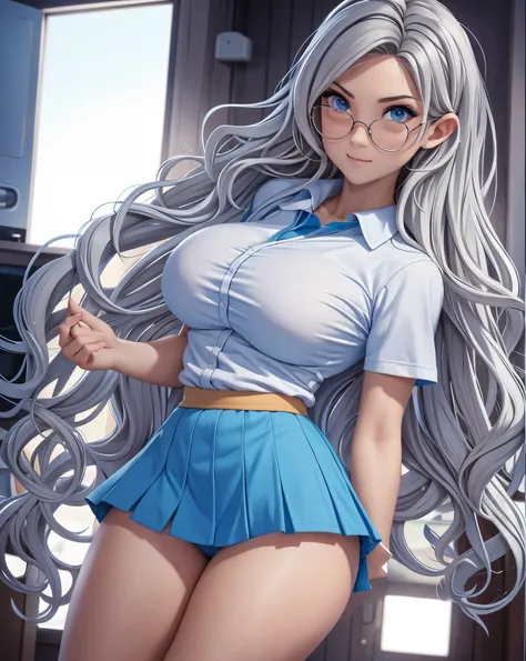 Just a girl with wavy silver hair that cascades to the middle of her back.. brown eyes. Slim and athletic build.. Llevaba una falda de colegiala en tonos azules., una camisa azul claro.  Llevaba zapatos deportivos, nobusa lentes.. grandes nalgas, tetas gra...