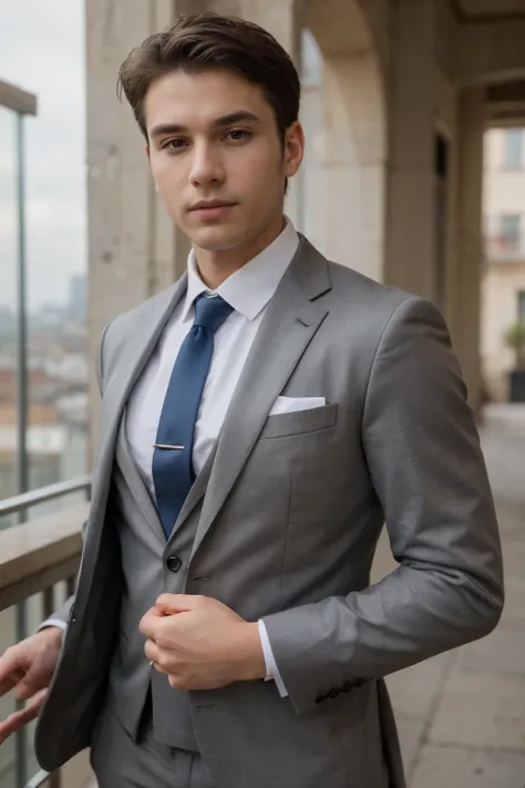 ((best quality)), ((masterpiece)), (detailed), perfect face, one man full body, wearing suit, gray suit, italian style suit, business man, young man, 8k