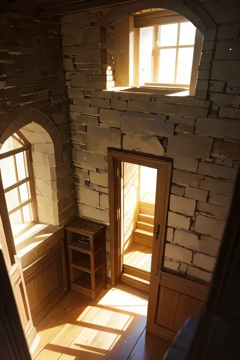 pov dentro de uma torre, watching the sky through a small window. The room is made of stone bricks and rustic wood.. A luz do sol entra por esta pequena janela e ilumina a sala com uma luz amarelada.. subtle mist.