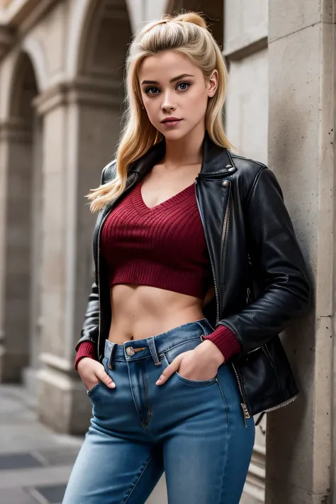 Betty Cooper est l&#39;hero of the Riverdale series. Réfectoire du lycée. Betty is casual and wears jean pants with a pull, petite veste en cuir par dessus.