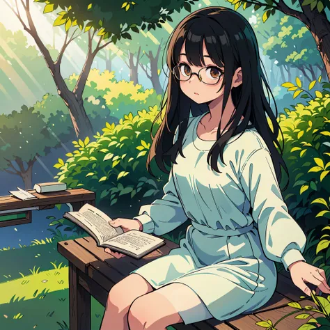 (Girl reading a book,Sitting on a bench,The tree々Sunlight flowing between,Deep green,Natural light,Long Black Hair,Glasses,White Dress,Used Bookstore) ,
(Best Quality,hight resolution,Realistic:1.37),
(Illustration,photoRealistic),
(Vivid colors,Warm tones...