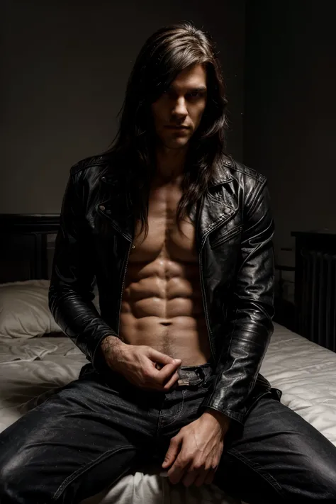 photography of a year old man sitting on a big white bed, perfect face, tall muscular but lean physique, broad masculine shoulders, masterpiece, gothic leather jacket, long black flowing hair, side bangs, , black jeans, tall, sexy gaze, sexy smirk, beautif...