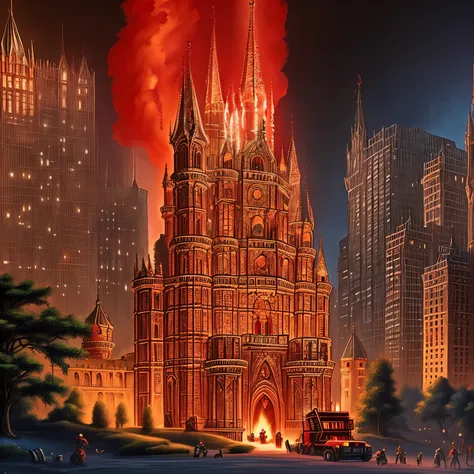 make a gigantic red hellish castle. with spikes coming out of the walls and towers. with modern yellow windows.