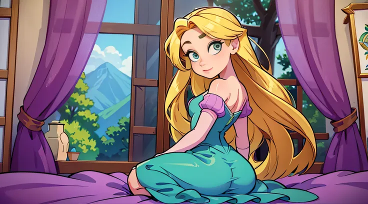 rapunzel com seu grande cabelo na cama, com a bunda para cima, olhos amarelos, cabelos amarelos, completamente naked, pelada, nu...