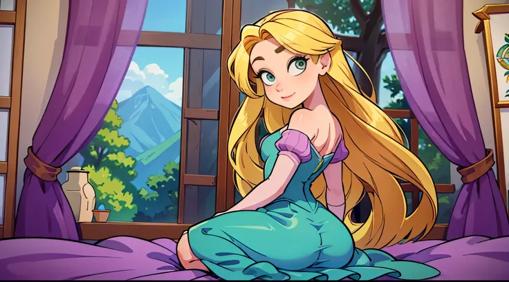 rapunzel com seu grande cabelo na cama, com a bunda para cima, olhos amarelos, cabelos amarelos, completamente naked, pelada, nu...