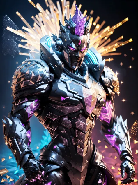 Black Villain, (black, glitter:1.5), Villain HEAD, HEAVY CRYSTAL ARMOR, TRANSPARANT, Coloured smoke with neon lights, super Villain BODY, , colourful smoke