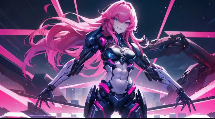 ((Night, limbs cyborg, top quality, 8k)), 1 girl, slender style, abs: 1.1, night city, combat, mechanical, slander, crazy smile, pink long hair