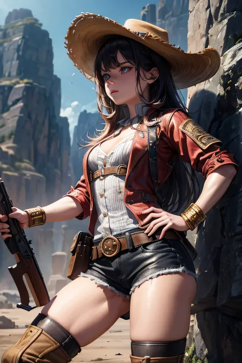 1girl, wild west setting, girl wears wild west outfit she is a sheriff, , high boots, cowboy hat, armed with a shotgun, small breats, detailed face, combat stance, mean look, highly detailed, vibrant appearance, creative behavior, extremly detailed, imagin...