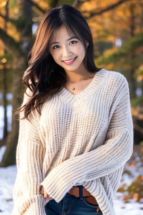 One Woman,Sweater with open chest,Sexy Pose,Standing,Plump body,Cute face,Beautiful face,Smiling,Semi-long hair,masutepiece, extremely fine and beautiful,Photorealistic,gravure,Japanese,Yuki、Winters、幻想的なYuki景色、Mystical、