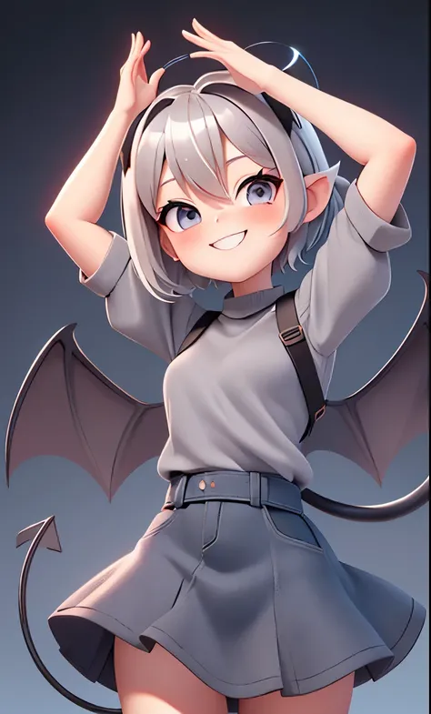 Pixar, 1girl in, (short silver hair:1.5), Eyes are red, Reaching out:1.5, blush, (Ahoge:1.2), eyes gentle, (A smile:1.2), Hair Bow, (Black devil wings and tail grow:1.3), Black sheep horns grow, (Black knitted sweater:1.3), (Denim Long Skirt:1.3), 独奏, Bang...