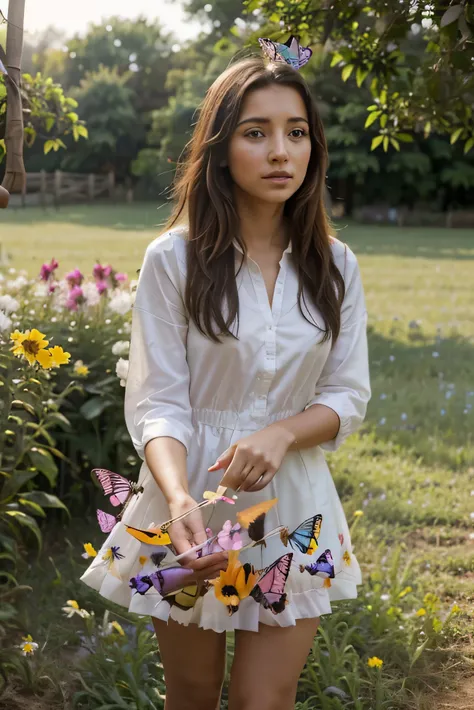 Una chica hermosa, jugando con mariposas, en un campo de flores, en colores expresionista.