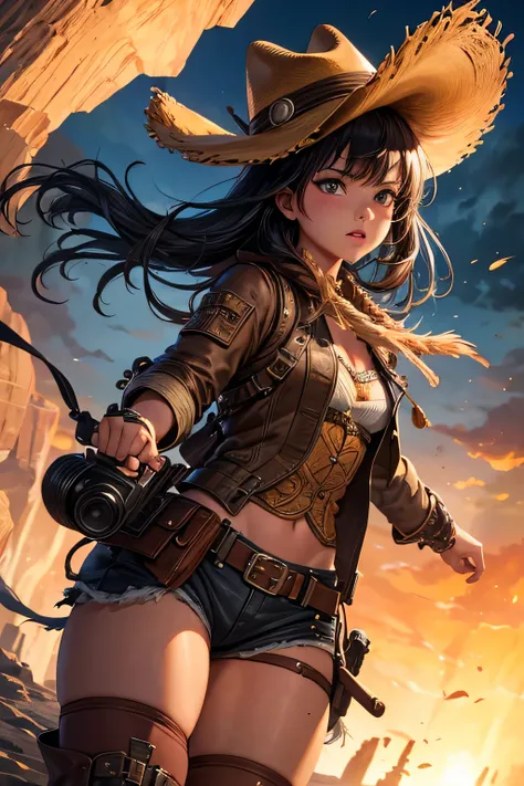 1girl, wild west setting, girl wears wild west Indiana Jones outfit, high boots, cowboy hat, armed with a pistol, small breats, detailed face, combat stance, mean look, highly detailed, vibrant appearance, creative behavior, extremly detailed, imaginative,...