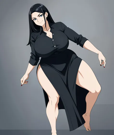 A woman in a black outfit, black hair, long hair, barefoot, strong, curvy, busty, smirk, evil, thick thighs, full-body view, looking at viewer