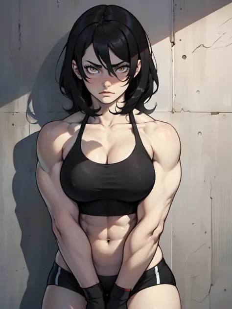 sad girl muscular girl sad girl muscular girl black hair yellow eyes pale skin breasts drop shadow