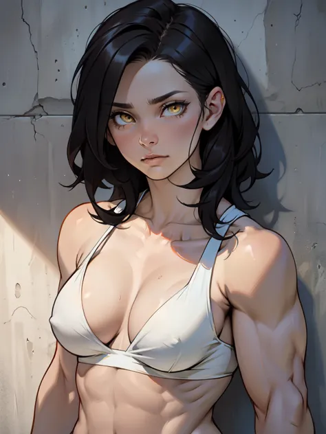 sad girl muscular girl sad girl muscular girl black hair yellow eyes pale skin breasts drop shadow ultra detailed highly detailed detailed intricate details