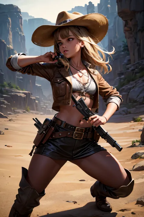 1girl, wild west setting, girl wears wild west Indiana Jones outfit, high boots, cowboy hat, armed with a gun, small breats, detailed face, combat stance, mean look, highly detailed, vibrant appearance, creative behavior, extremly detailed, imaginative, , ...