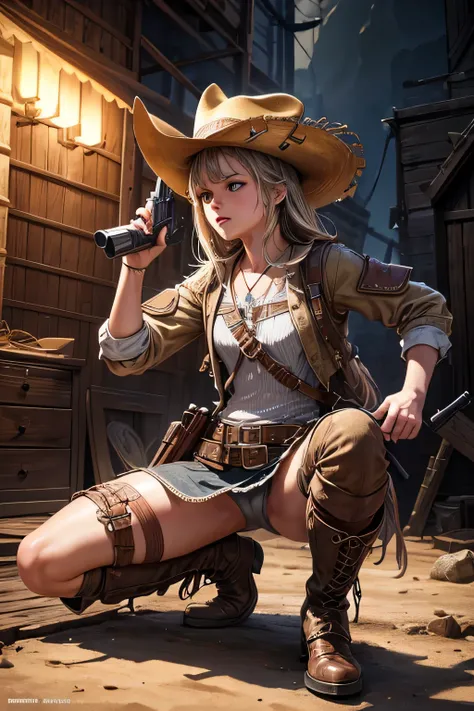 1girl, wild west setting, girl wears wild west Indiana Jones outfit, high boots, cowboy hat, armed with a gun, small breats, detailed face, combat stance, mean look, highly detailed, vibrant appearance, creative behavior, extremly detailed, imaginative, , ...