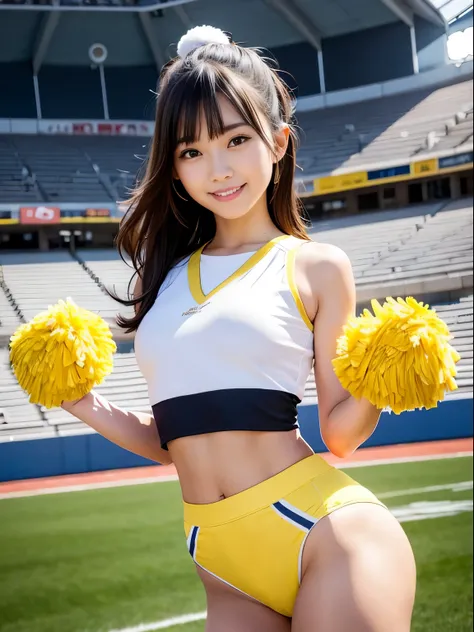 Ala Fed Asian cheerleader holding pom pom in stadium, gros-plan, gros-plan,  Photo, Anime , Small breasts, RAW Photo, Best Quality, High resolution, (masutepiece), (Photorealistic:1.4), professional Photography, Sharp Focus, nffsw, 8K resolution, Intricate...