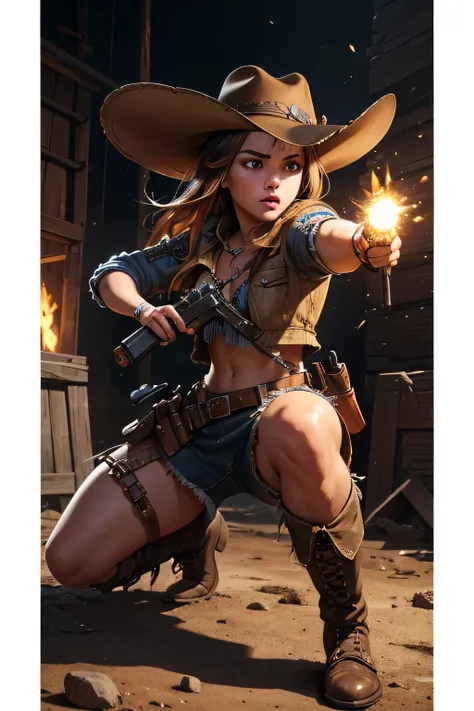 1girl, wild west setting, girl wears wild west Indiana Jones outfit, high boots, cowboy hat, armed with a gun, small breats, detailed face, combat stance, mean look, highly detailed, vibrant appearance, creative behavior, extremly detailed, imaginative, , ...