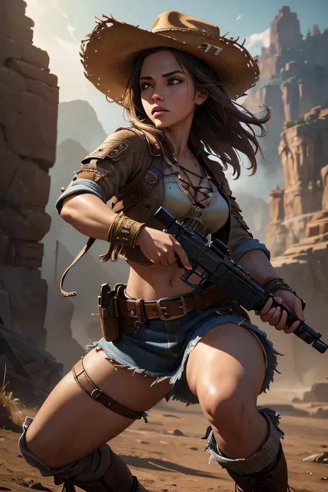 1girl, wild west setting, girl wears wild west Indiana Jones outfit, high boots, cowboy hat, armed with a gun, small breats, detailed face, combat stance, mean look, highly detailed, vibrant appearance, creative behavior, extremly detailed, imaginative, , ...