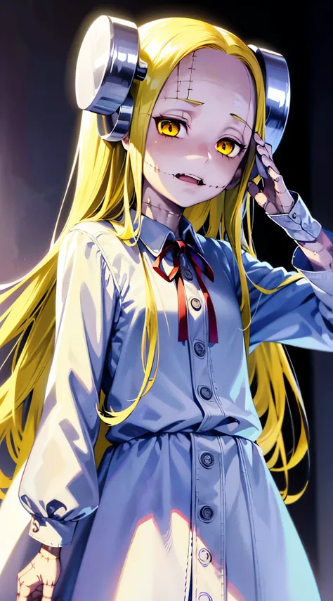 Madaraki_Fran,A  girl ,stands,the madhatter ,white robe ,wrinkles,concerned,((covers his ears)), hairlong , yellow hair,seams , Scars on the body , A creepy look , scary eyes , An intimidating look , creepy smile , bags under eyes, ((((sickly))))