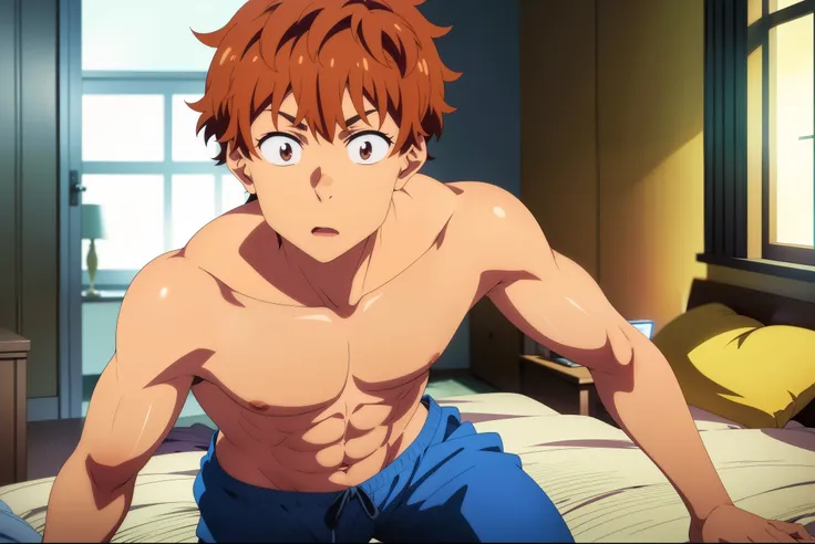 kazuya, 1boy, male focus, solo, orange hair, brown eyes, beautiful detailed face, beautiful detailed eyes, abs, indoors, pajamas...