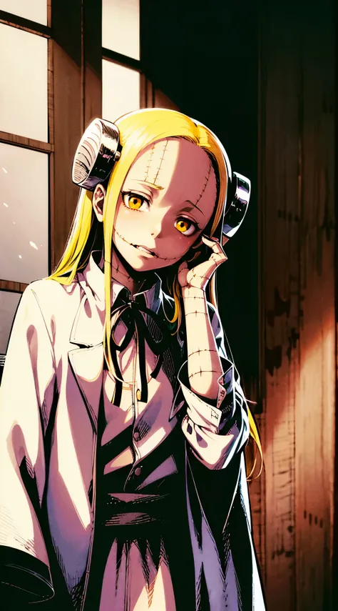 Madaraki_Fran,A  girl ,stands,the madhatter ,white robe ,wrinkles,concerned,((covers his ears)), hairlong , yellow hair,seams , Scars on the body , A creepy look , scary eyes , An intimidating look , creepy smile , bags under eyes, ((((sickly))))