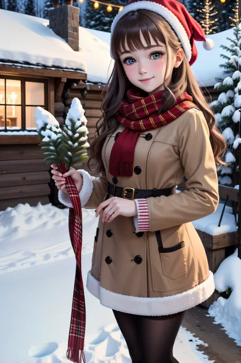 {there is a young girl standing near a christmas tree outside in the snow. she is she is beautiful, and attractive. she is wearing a christmas themed dress, also wearing red tights underneath, and black shoes. she is also wearing a red beany, and also wear...