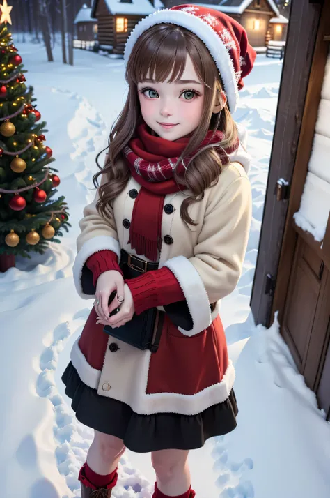 {there is a young girl standing near a christmas tree outside in the snow. she is she is beautiful, and attractive. she is wearing a christmas themed dress, also wearing red tights underneath, and black shoes. she is also wearing a red beany, and also wear...