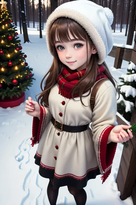 {there is a young girl standing near a christmas tree outside in the snow. she is she is beautiful, and attractive. she is wearing a christmas themed dress, also wearing red tights underneath, and black shoes. she is also wearing a red beany, and also wear...