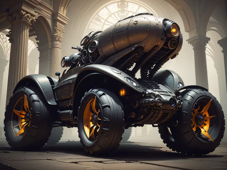 futuristic car biomechanical steampunk vehicle reminiscent of fast sportscar with robotic parts and (glowing) lights parked in ancient lush palace,  gothic and baroque,  brutalist architecture,  ultradetailed,  creepy ambiance,  fog,  artgerm,  giger,  Int...