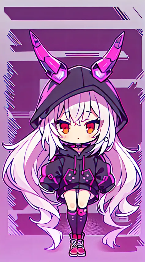 1 girl, chibi, white hair, oversized black hoodie, doubtful, hacking, cyber daemon, loli, cyberpunk, ((cyber horns)), red eyes ( background, white background: 1.3)