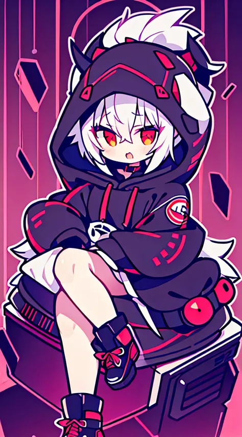 1 girl, chibi, white hair, oversized black hoodie, in love, , cyber daemon, loli, cyberpunk, ((cyber horns)), red eyeackground, white background: 1.3)