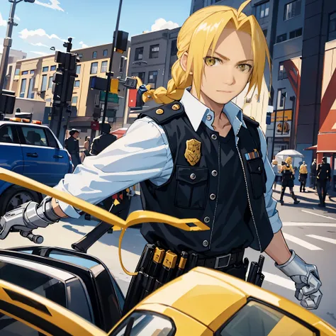 masterpiece, best quality, wallpaper,  police, police cap, 1boy, solo, male focus, looking at viewer, , , , realistic, edward_elric, blonde hair, yellow eyes, braid, single braid, braided ponytail, single mechanical arm, , , , 32k resolution, police cap, p...