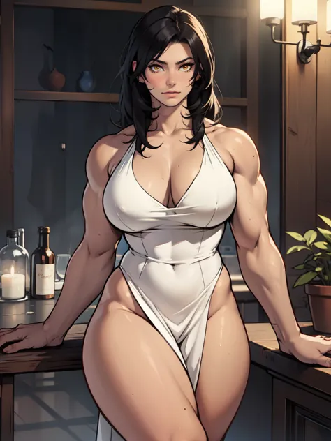 girl muscular toned body perfect anatomy large breasts thick thighs athletic black hair yellow eyes pale skin girl muscular toned body perfect anatomy large breasts thick thighs athletic evening gown evening gown